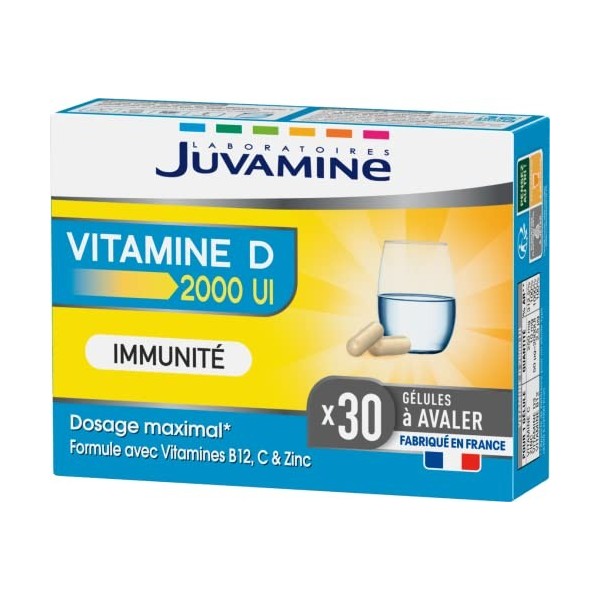 JUVAMINE – VITAMINE D 2000 UI – Immunité – Vitamine B12, Vitamine C, Vitamine D3 et Zinc – 30 gélules – 1 gélule par jour