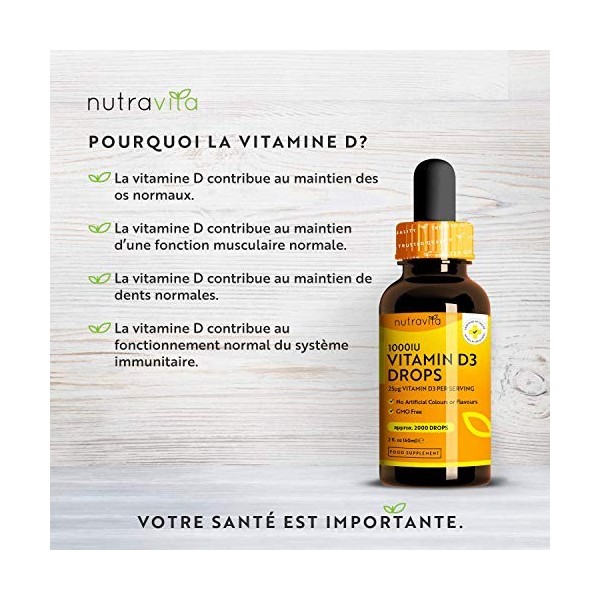 Vitamine D3 Gouttes Végétale - 1000 UI par goutte, 2000 UI par 2 gouttes - Vitamine D Flacon de 60ml - Dosage Facile – Choléc