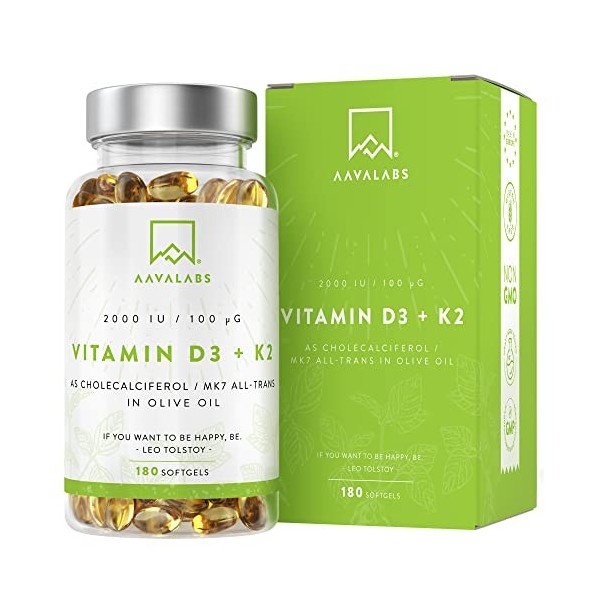 Vitamine D3 K2 avec de lHuile d’Olive Vierge - Vitamine D3 2000 UI et Vitamine K2 MK7 100 μg pour Os, Muscles, Système Immun