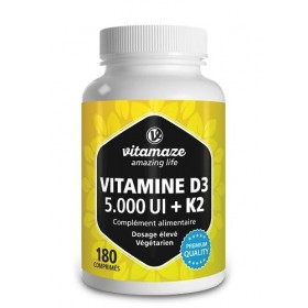 VITAMINE D3 K2 5000 UI D3 + K2 100mcg Menaquinon MK7 Dépôt - 180 Comprimés pour 6 Mois - Hautement Dosée Sans additifs inut