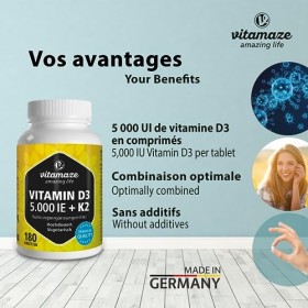VITAMINE D3 K2 5000 UI D3 + K2 100mcg Menaquinon MK7 Dépôt - 180 Comprimés pour 6 Mois - Hautement Dosée Sans additifs inut