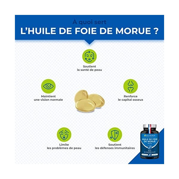 Huile de Foie de Morue - 600 mg - 100% des Besoins en Vitamines A et D - Immunité - Santé de la Peau - Capital Osseux - Quali