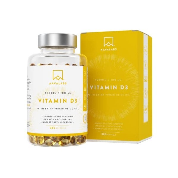 Vitamine D3 4000 UI - Vitamine D avec Huile d’Olive Extra Vierge pour Absorption Optimale - Vitamines sans OGM, sans Gluten e