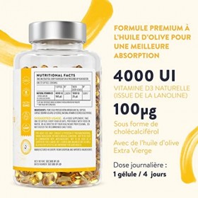 Vitamine D3 4000 UI - Vitamine D avec Huile d’Olive Extra Vierge pour Absorption Optimale - Vitamines sans OGM, sans Gluten e