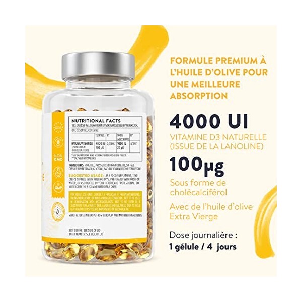 Vitamine D3 4000 UI - Vitamine D avec Huile d’Olive Extra Vierge pour Absorption Optimale - Vitamines sans OGM, sans Gluten e