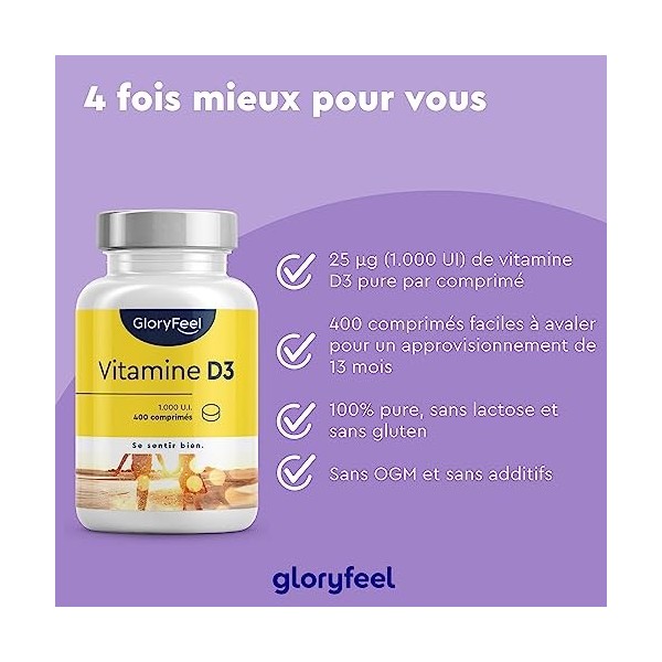 Vitamine D3 400 Comprimés 13 mois Hautement Dosée, Vitamin D3 pour le Système Immunitaire, Vitamin D 1000 UI 25 mcg par C