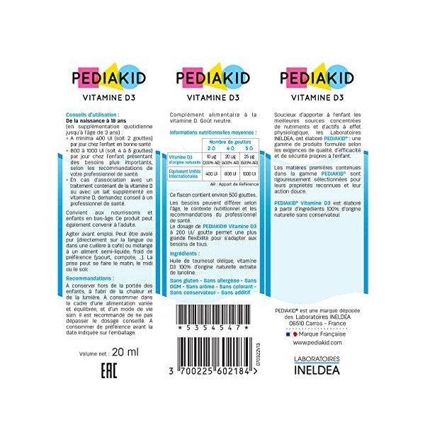 PEDIAKID - Vitamine D3 100% dorigine naturelle - Renforcement des défenses naturelles - Dès la naissance - Couvre 200% des a