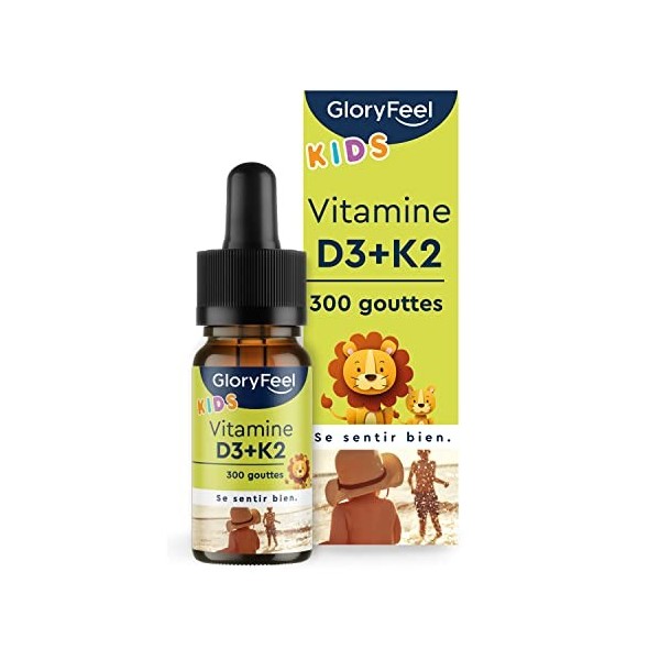 Vitamine D3+K2 en Gouttes pour Enfants à Partir de 4 Ans, Approvisonnement de 10 Mois, Vitamine D 500 UI en Forme Liquide & 2