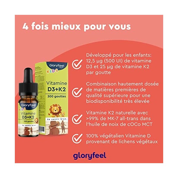 Vitamine D3+K2 en Gouttes pour Enfants à Partir de 4 Ans, Approvisonnement de 10 Mois, Vitamine D 500 UI en Forme Liquide & 2