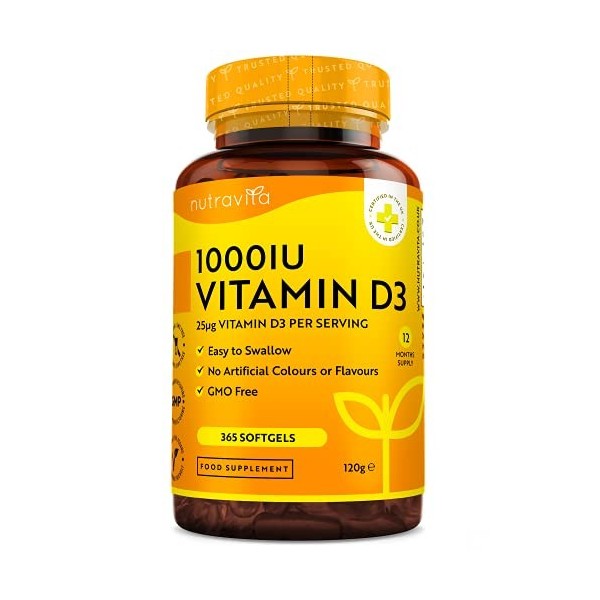 Vitamine D 1000 UI - 365 Capsules Molles - Pour 1 Annéee Entière - Maintien dun Système Immunitaire Sain, des Muscles, des o