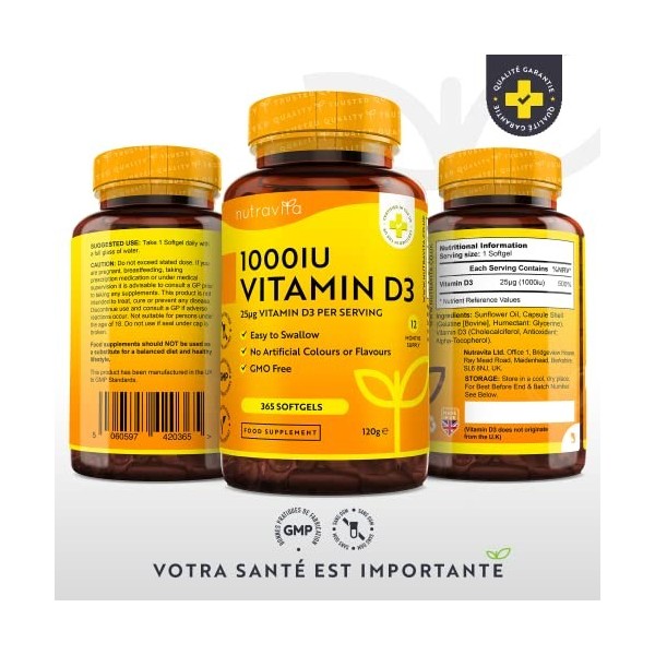 Vitamine D 1000 UI - 365 Capsules Molles - Pour 1 Annéee Entière - Maintien dun Système Immunitaire Sain, des Muscles, des o