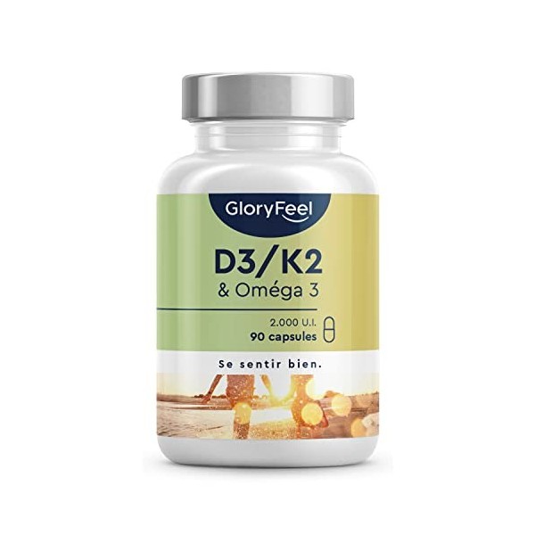 Oméga 3 1000mg avec Vitamine D3 2000 UI + K2 100 µg, 90 Gélules, Huile de Poisson 400mg dEPA et 300mg de DHA Fortement