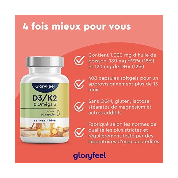 Oméga 3 1000mg avec Vitamine D3 2000 UI + K2 100 µg, 90 Gélules, Huile de Poisson 400mg dEPA et 300mg de DHA Fortement