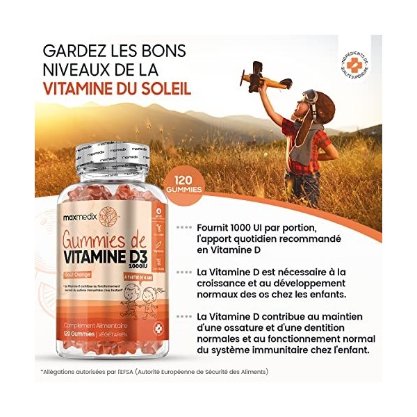 Vitamine D3 Cholécalciférol 1000 UI Pour Enfants +4 Ans - 120 Gummies Végétariens et Goût Orange Pour 4 Mois - Contribue À 