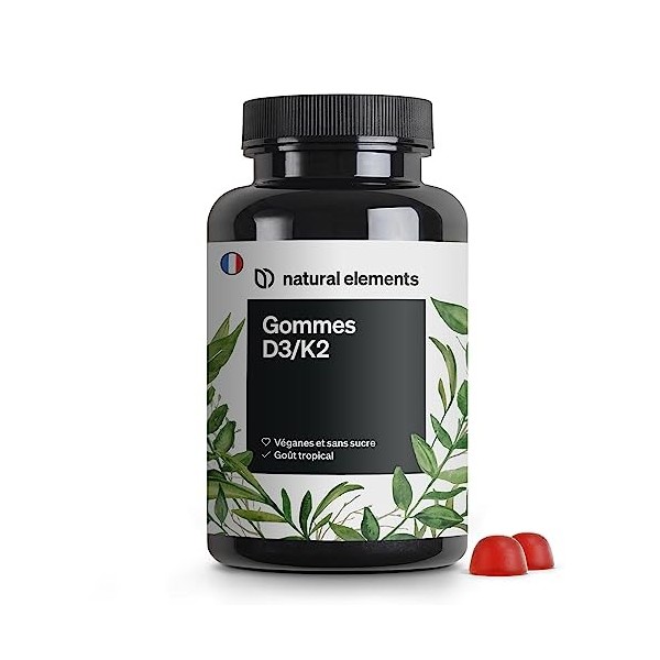 Gommes aux vitamines D3 et K2 – 1 000 U.I. de Vitamine D3 par dose journalière – 120 Gummies – goût tropical – végane et sans