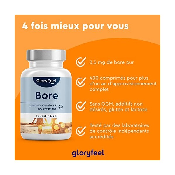 Bore Pur avec Vitamine D3 400 comprimés pour 1 An et Plus, 3,5mg de Bore et 0,75µg de Vitamine D3, Soutien la Santé des Mus