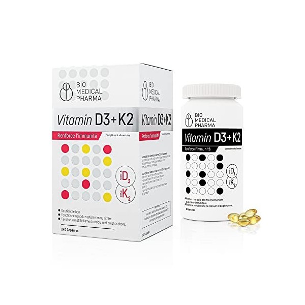 Vitamine D3 K2 MK-7 240 capsules | 5000 E.I. de vitamine D3 et 100mcg de vitamine K2 MK-7 | Haute biodisponibilité de la vita