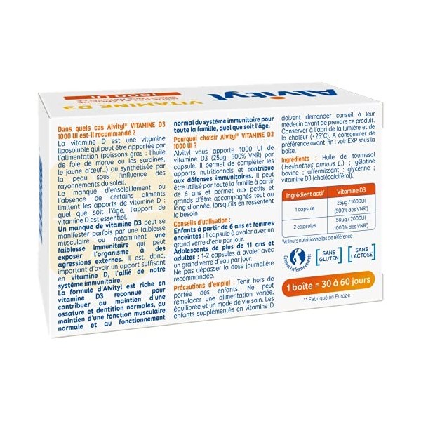 Alvityl - Vitamine D3 1000 UI - 60 Capsules - Dès 6 ans