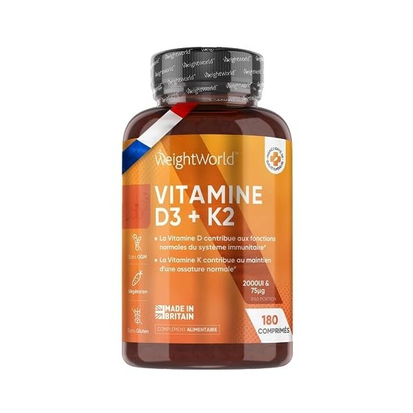 Vitamine D3 K2 MK7 Extra Fort - 180 Comprimés - 2000 UI de Vitamine D3 + 75 mcg de Vitamine K2 - La Vitamine D Contribue au