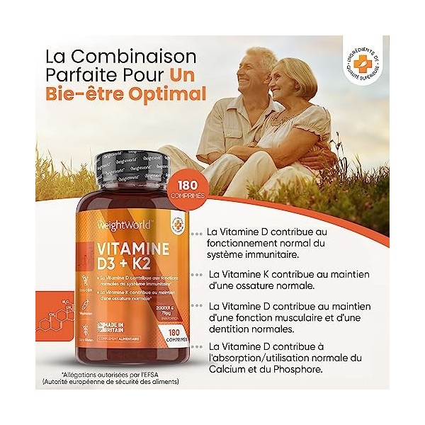 Vitamine D3 K2 MK7 Extra Fort - 180 Comprimés - 2000 UI de Vitamine D3 + 75 mcg de Vitamine K2 - La Vitamine D Contribue au