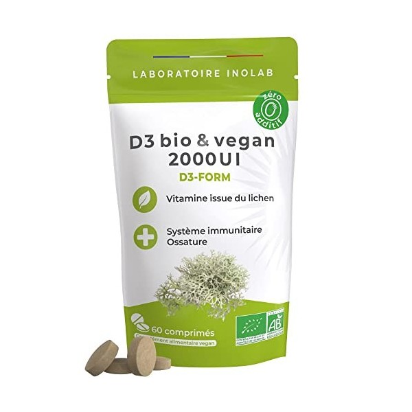 Vitamine D3 Végétale Certifiée BIO ECOCERT - 2000 UI/Comprimé - Vitamine D Vegan du Lichen Naturel Sans Pesticides, Toxines, 