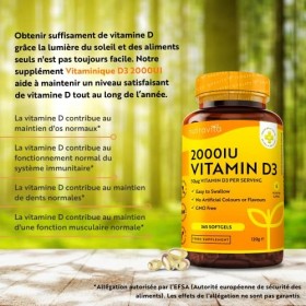 Vitamine D 2000 UI 50μg - 365 VIT D Softgel Capsules - pour le maintien dun système immunitaire, de muscles, dos et de de