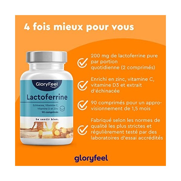 Lactoferrine Pure 200mg avec Zinc, Complément Alimentaire, 90 Comprimés, Echinacée Purpurea, Vitamine C 160mg et Vitamine