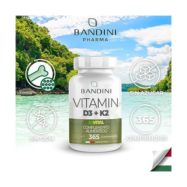 Bandini® Vitamine D3 K2 MK7 Extra Fort - 365 comprimés 12 mois - 2000 UI Vitamina D3 + 200 mcg Vitamina K2 - La Vitamine 