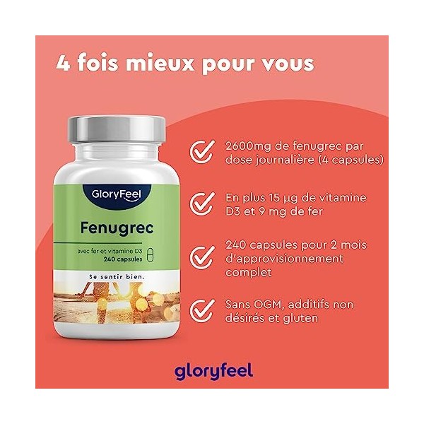 Fenugrec avec Fer et Vitamine D3 240 Capsules , Hautement Dosé avec 15µg de la Vitamine D3 et 9mg de Fer, Lutter Contre la F