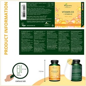 Vitamine D3 + K2 Vegavero® | 100% VEGAN & Naturelle | Avec Huile MTC | Pour les Os + Articulations + Immunité | Qualité Supér