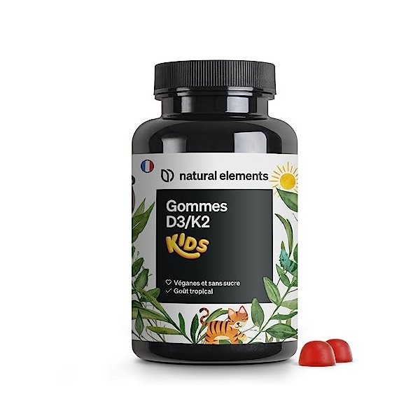 Gommes KIDS aux vitamine D3 et K2 – 120 Gummies – goût tropical – végane, sans sucre, dosage adapté aux enfants – produit et 