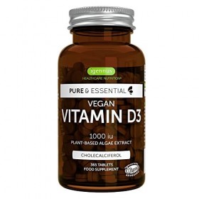 Pure & Essential Vegan Vitamine D3 1000iu Cholécalciférol, cure d’un an, Extrait Naturel dAlgues Durables, 100% Végétalien, 