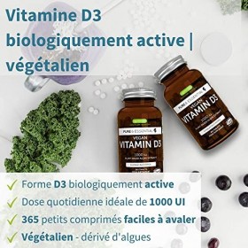 Pure & Essential Vegan Vitamine D3 1000iu Cholécalciférol, cure d’un an, Extrait Naturel dAlgues Durables, 100% Végétalien, 