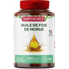 SUPERDIET - HUILE DE FOIE DE MORUE - Source de Vitamine A et Vitamine D - Nutrithérapie - Conditionné en France - 120 capsule