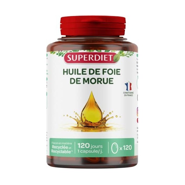 SUPERDIET - HUILE DE FOIE DE MORUE - Source de Vitamine A et Vitamine D - Nutrithérapie - Conditionné en France - 120 capsule