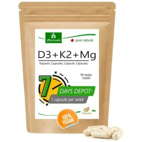 MoriVeda Vegan Vitamin D3 7000 I.E Depot + Vegan K2 MK7 200 mcg + Vegan Magnesium Capsules I 90 Week Supply - 90 Capsules
