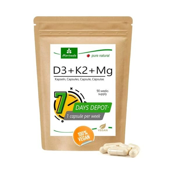 MoriVeda Vegan Vitamin D3 7000 I.E Depot + Vegan K2 MK7 200 mcg + Vegan Magnesium Capsules I 90 Week Supply - 90 Capsules