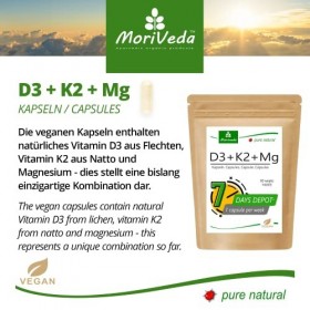 MoriVeda Vegan Vitamin D3 7000 I.E Depot + Vegan K2 MK7 200 mcg + Vegan Magnesium Capsules I 90 Week Supply - 90 Capsules