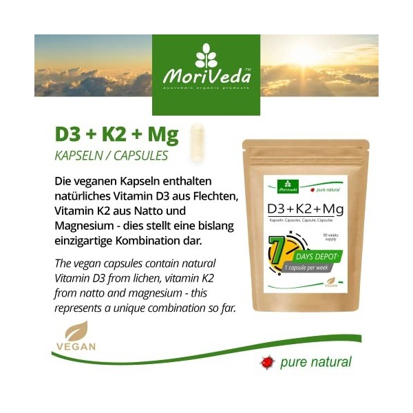 MoriVeda Vegan Vitamin D3 7000 I.E Depot + Vegan K2 MK7 200 mcg + Vegan Magnesium Capsules I 90 Week Supply - 90 Capsules