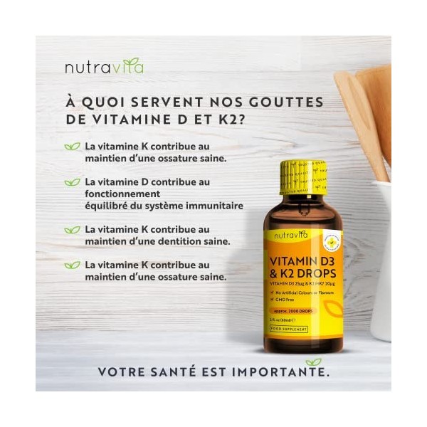 Gouttes de Vitamines D3 K2 Haute Résistance 60 ml - Vitamines D 1000 UI et K2 20 ug pour 2 gouttes - Soutient le système immu