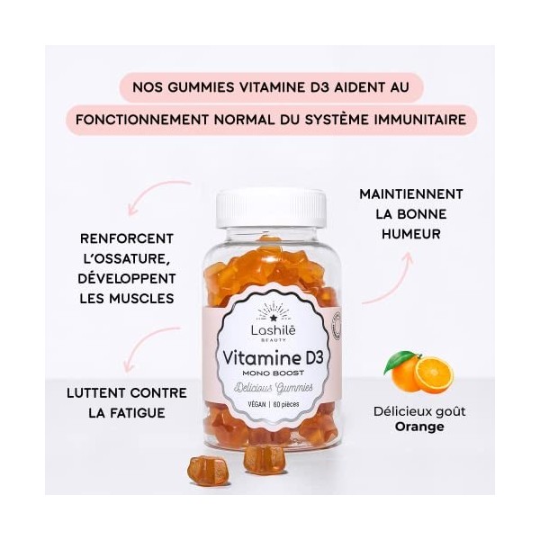 LASHILÉ BEAUTY - Compléments Alimentaires - Vitamine D3 Mono Boost - Cure 1 mois - 60 Gummies - Vegan - Fabrication Française