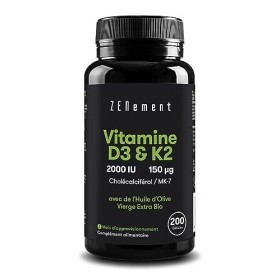 Vitamine D3 + K2, Cholécalciférol 2000 UI & MK-7 150 μg , 200 Capsules | avec de lHuile dOlive Vierge Extra Biologique |