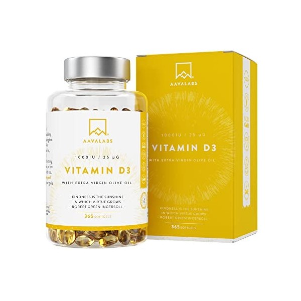 Vitamine D3 1000 UI - Vitamine D avec Huile d’Olive Extra Vierge pour Absorption Optimale - Vitamines sans OGM, sans Gluten e