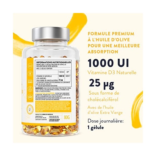 Vitamine D3 1000 UI - Vitamine D avec Huile d’Olive Extra Vierge pour Absorption Optimale - Vitamines sans OGM, sans Gluten e