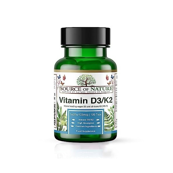 Source of Nature® | Vitamine D3 + K2 | 120 Comprimés | 5500iu D3 + 125mcg K2 99,7% All-Trans MK7 |100% Vegan | Une fois par