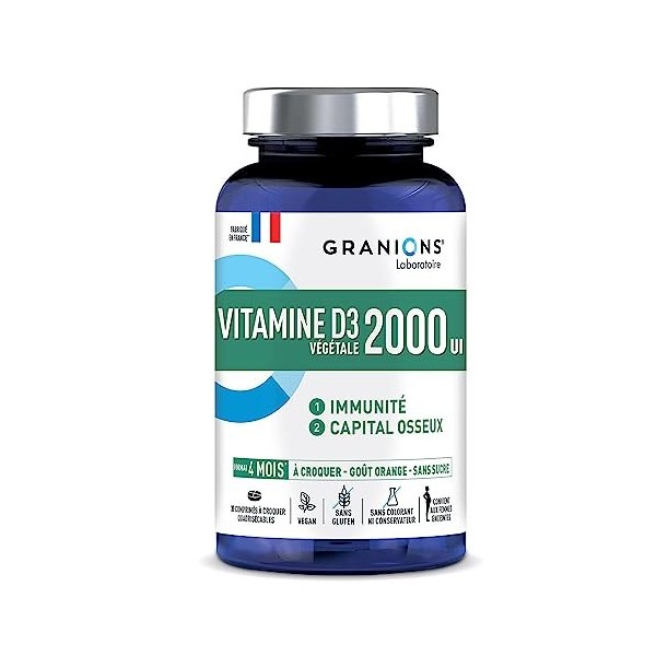 GRANIONS Vitamine D3 2000 Ui – Immunité Et Capital Osseux – Source Végétale Issue Du Lichen – 30 Comp à Croquer -jusqu’à 4 mo