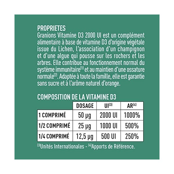 GRANIONS Vitamine D3 2000 Ui – Immunité Et Capital Osseux – Source Végétale Issue Du Lichen – 30 Comp à Croquer -jusqu’à 4 mo