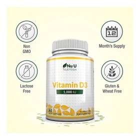 Vitamine D3 1000 UI, 365 Softgels une année entière de réserve , Cholécalciférol haute Absorption par Nu U Nutrition