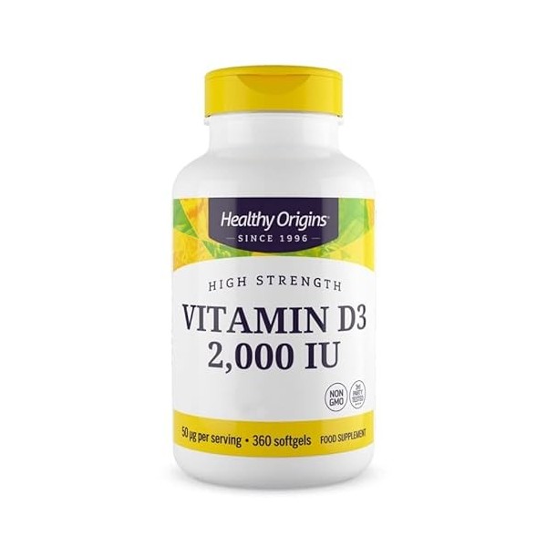 Healthy Origins, Vitamine D3, 2.000 IU, Depot, 360 Capsules, Testé en Laboratoire, Hautement Dosé, Sans Soya, Sans Gluten, No