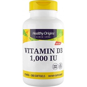 Healthy Origins, Vitamine D3, 1.000 IU, 360 Capsules, Testé en Laboratoire, Hautement Dosé, Sans Soya, Sans Gluten, Non-GMO